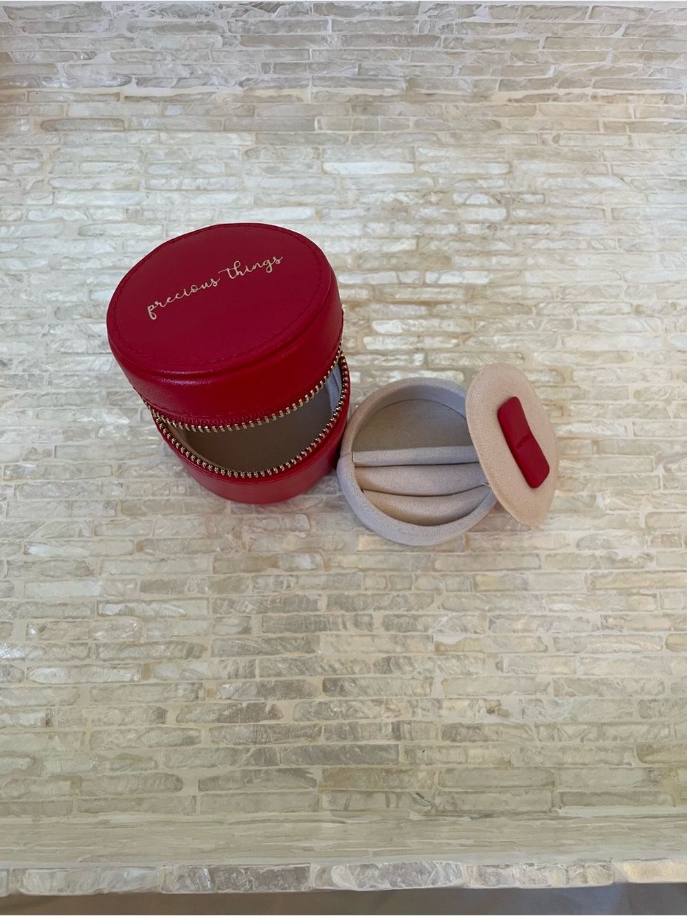 WOLF Red Round Jewelry Case with Gold Script